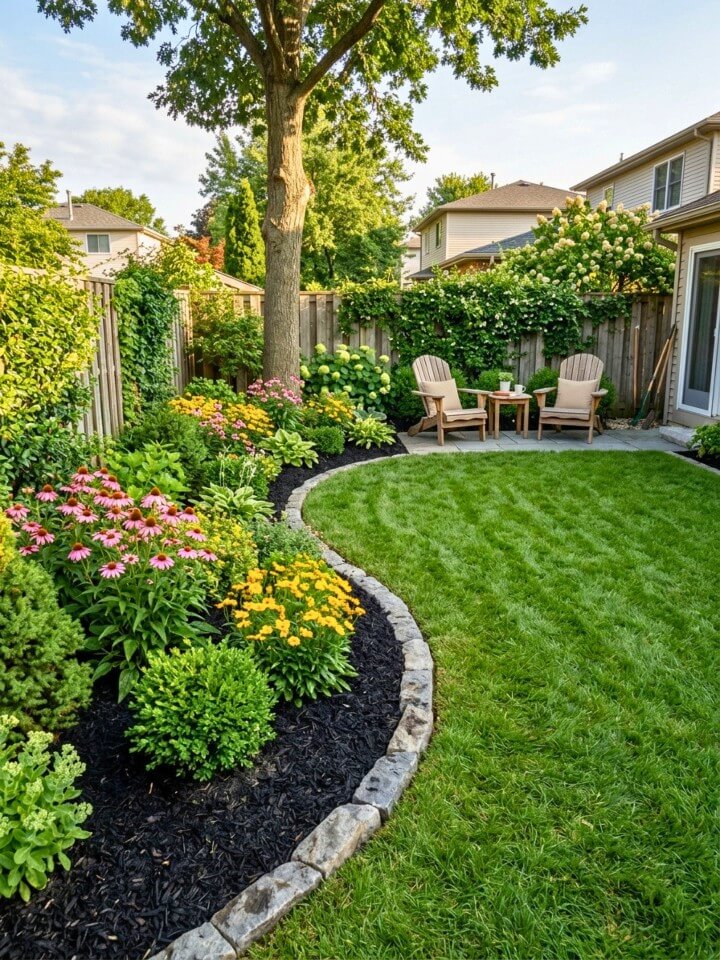 backyard garden with black mulch borders