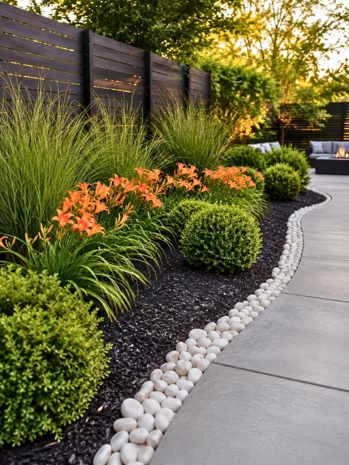 black mulch and river rocks landscape design