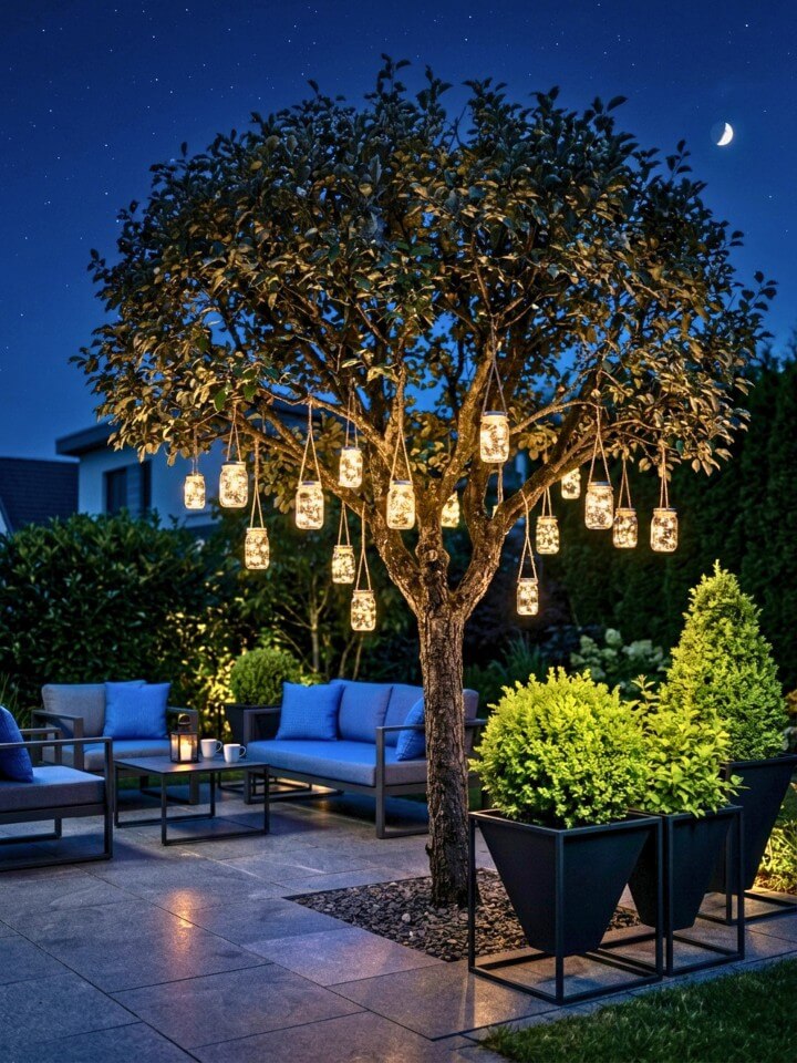 fairy light mason jars hanging from branches