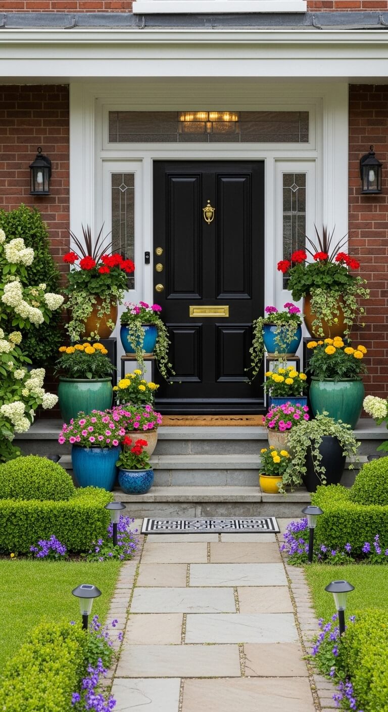 How Colorful Pots Transform a Black Door Into a Welcoming Entry