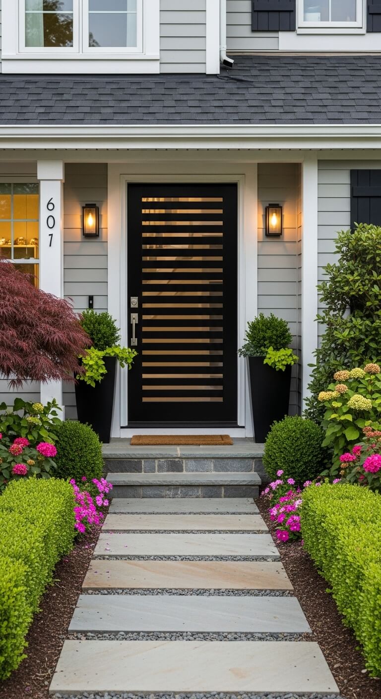 How Horizontal Wood Slats Give a Black Door a Modern Edge
