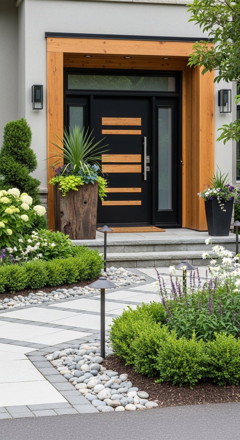 How Natural Wood Accents Warm Up a Bold Black Front Doors