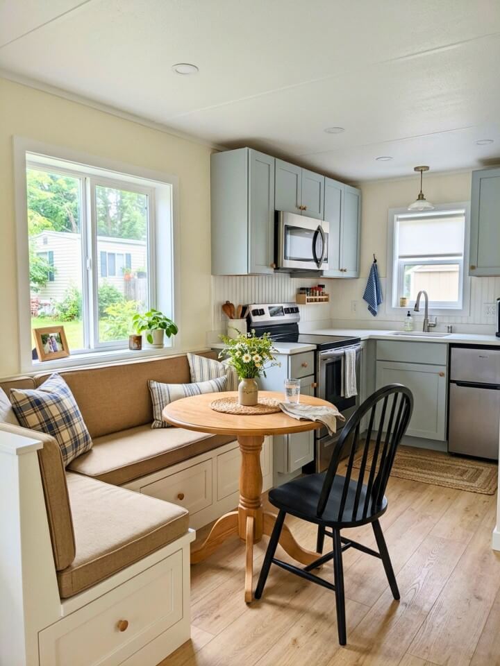 a built in banquette that saves space near the kitchen
