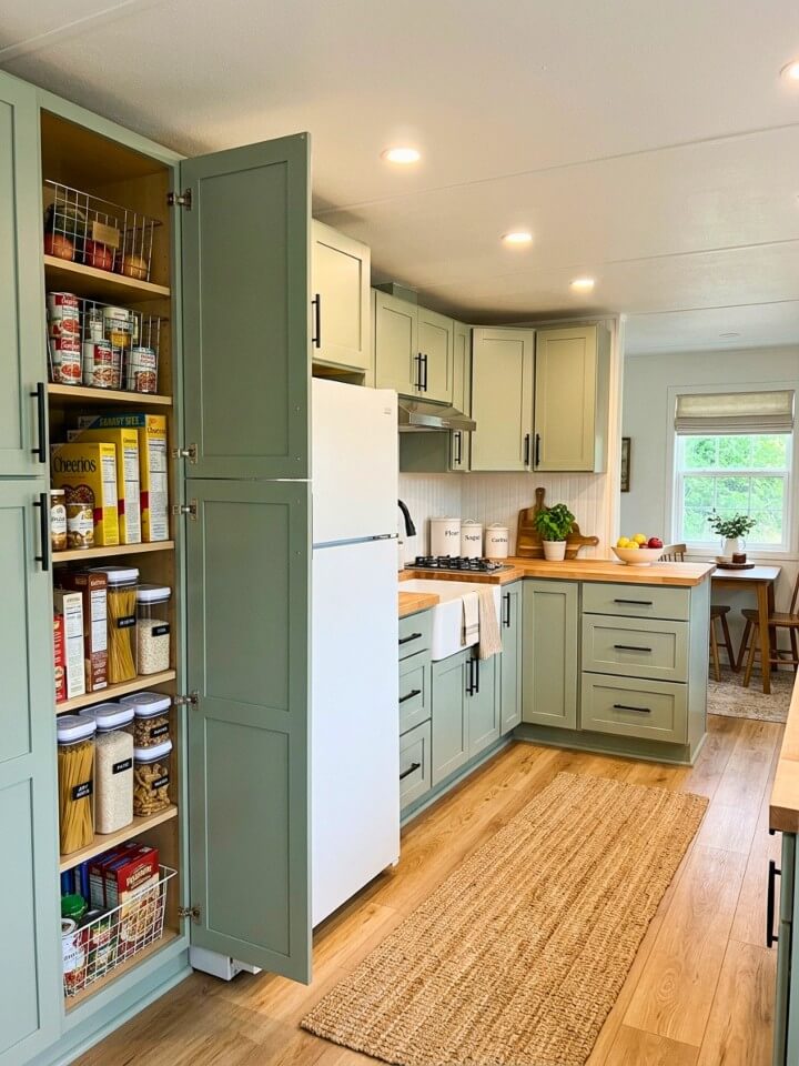 a narrow pantry cabinet that adds hidden food storage