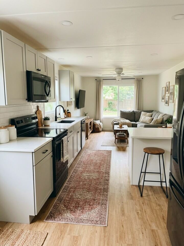 a small rug that helps define the kitchen zone
