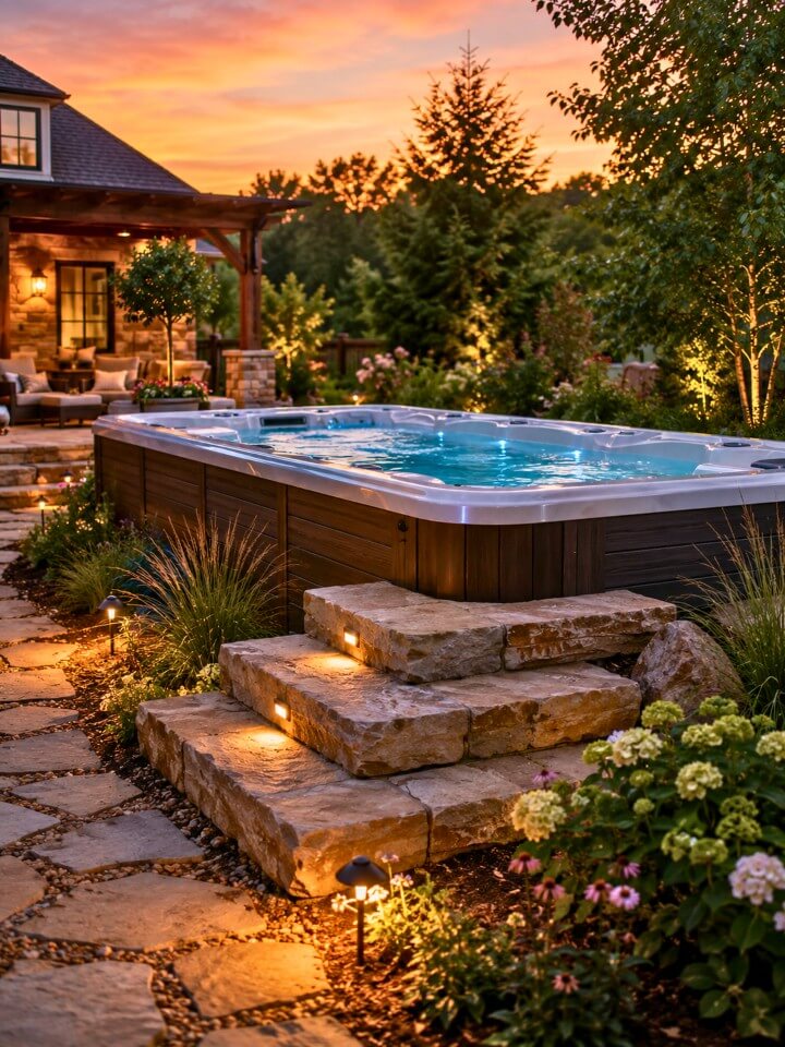 above ground swim spa stone steps
