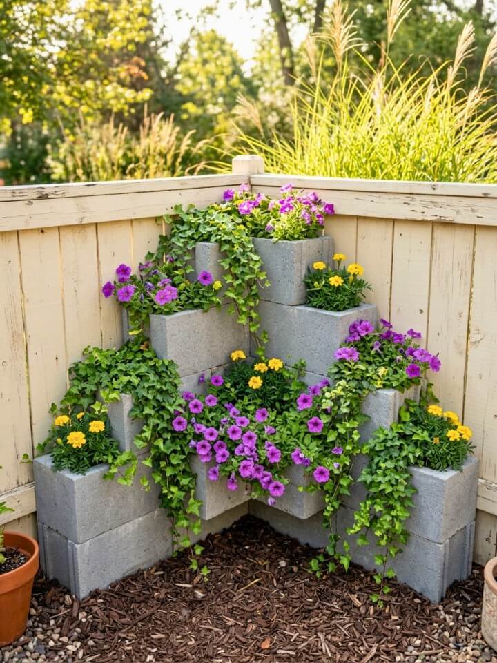 angled corner planter with cinder blocks for visual interest