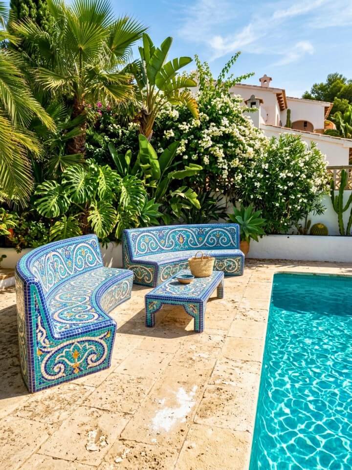 artistic mosaic tile benches near your pool