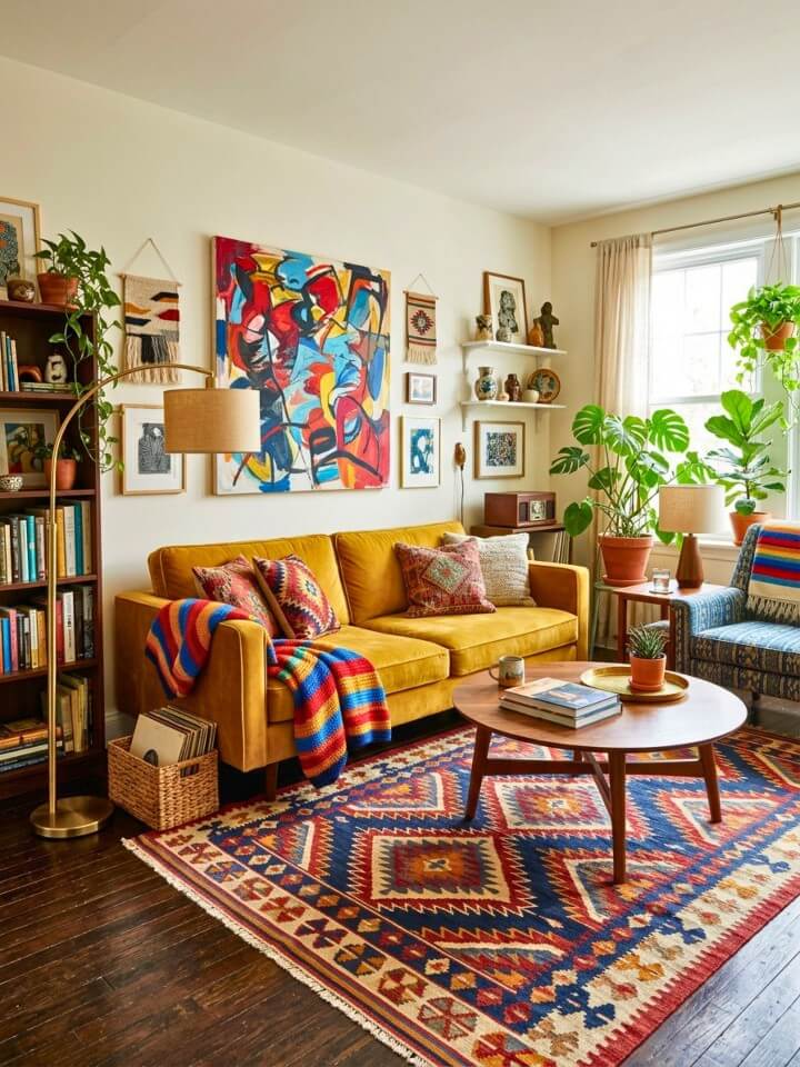 artistic pattern play with deep wood floors