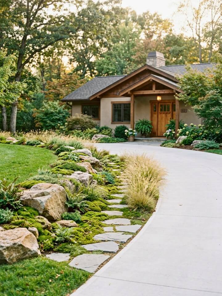 asphalt path surrounded by rock and moss garden