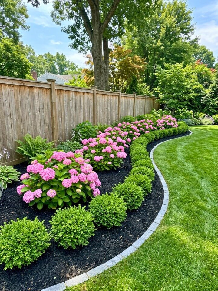 backyard border garden with black mulch and flowering shrubs