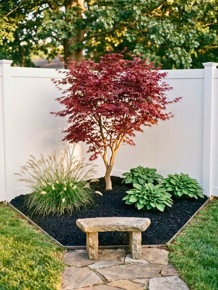 backyard corner garden with black mulch and japanese maple