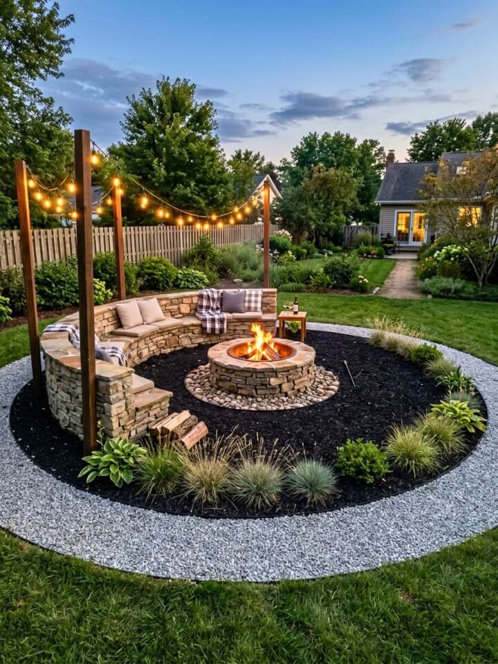 backyard fire pit area with black mulch and stone seating