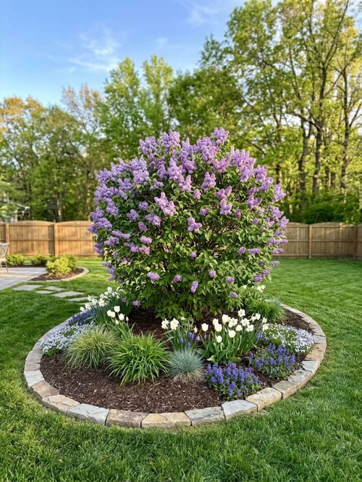 backyard island bed with a blooming centerpiece
