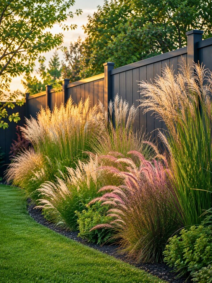 backyard ornamental grasses for soft fence line privacy