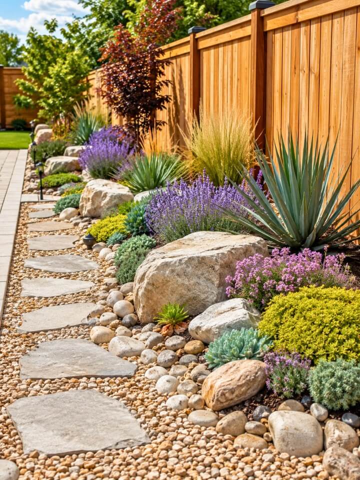backyard rock garden along a fence line