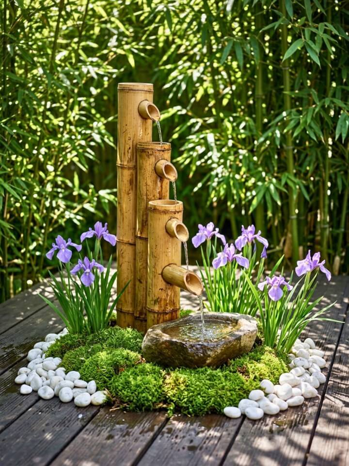 bamboo stack garden fountain in zen gardens