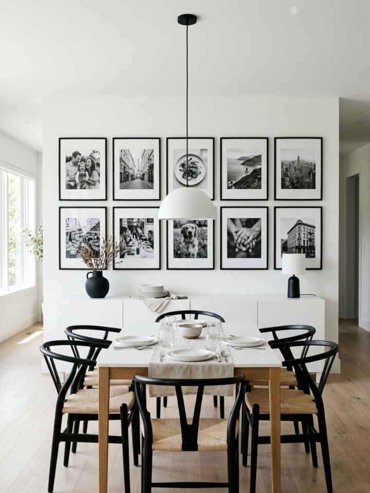 black and white photo wall for a timeless look