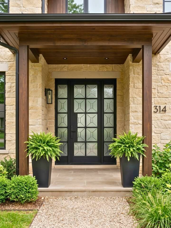 black front door with geometric glass patterns