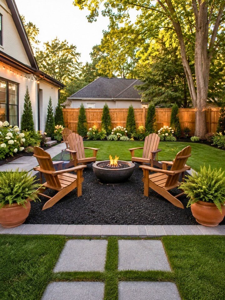 black mulch and fire bowl for backyard seating area