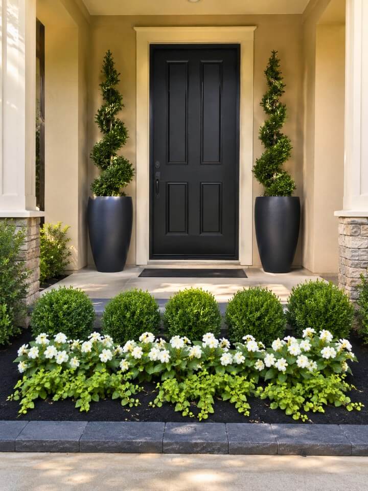 black mulch and layered planters for front yard