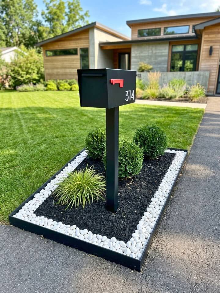 black mulch and white stone mailbox design