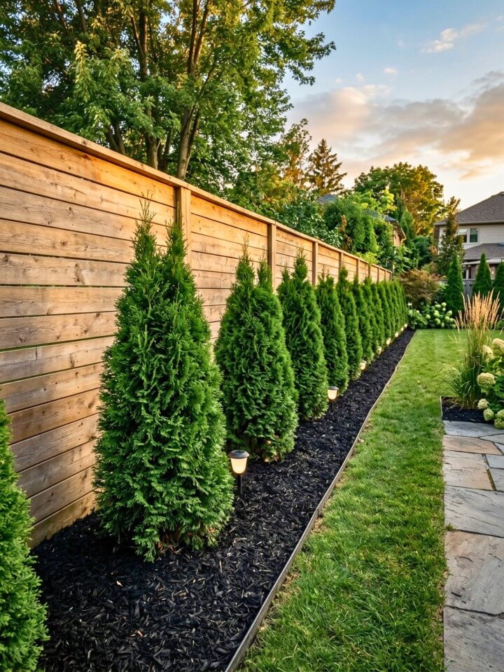 black mulch fence line garden with privacy trees
