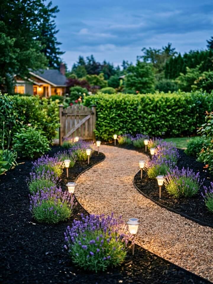 black mulch garden path with solar landscape lights
