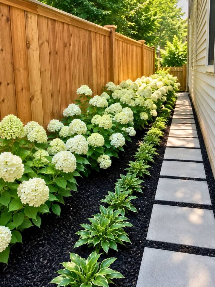 black mulch landscaping with white hydrangeas