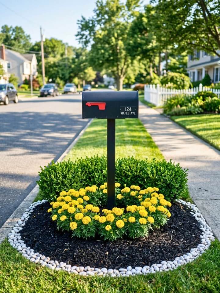 black mulch mailbox garden with yellow marigolds