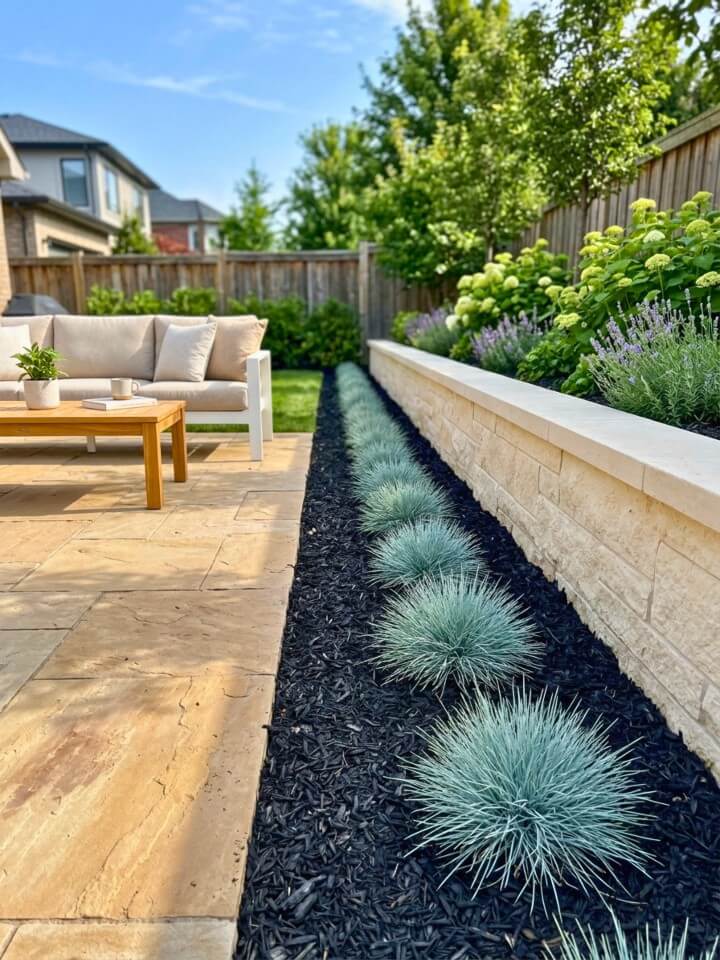 black mulch patio edge with blue fescue grass