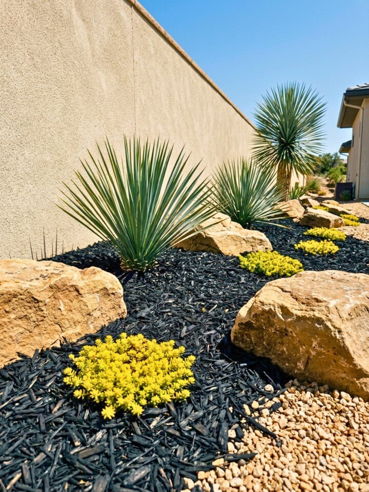 black mulch rock garden with natural stones and yucca