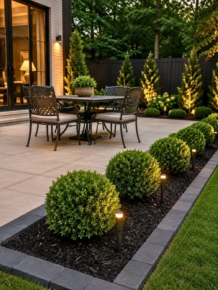 black mulch with boxwood shrubs border