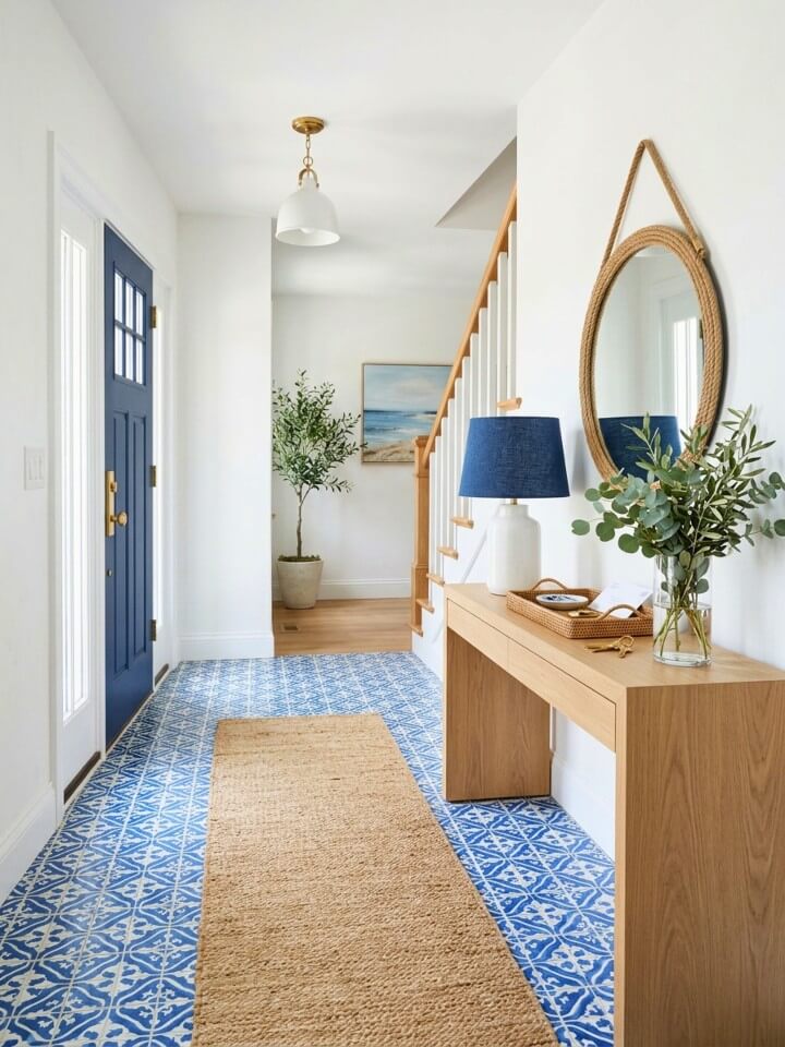 blue and white tile ideas for a fresh entrance