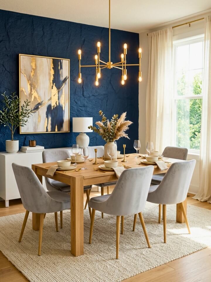 bold navy accent wall for a vibrant dining room