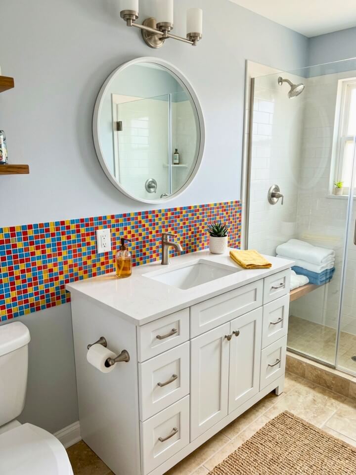 bold primary color mosaic vanity backsplash