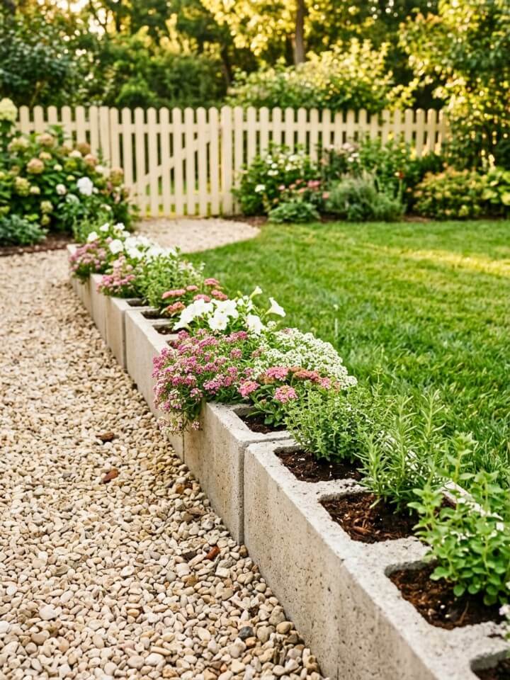 border planter along walkways using cinder blocks