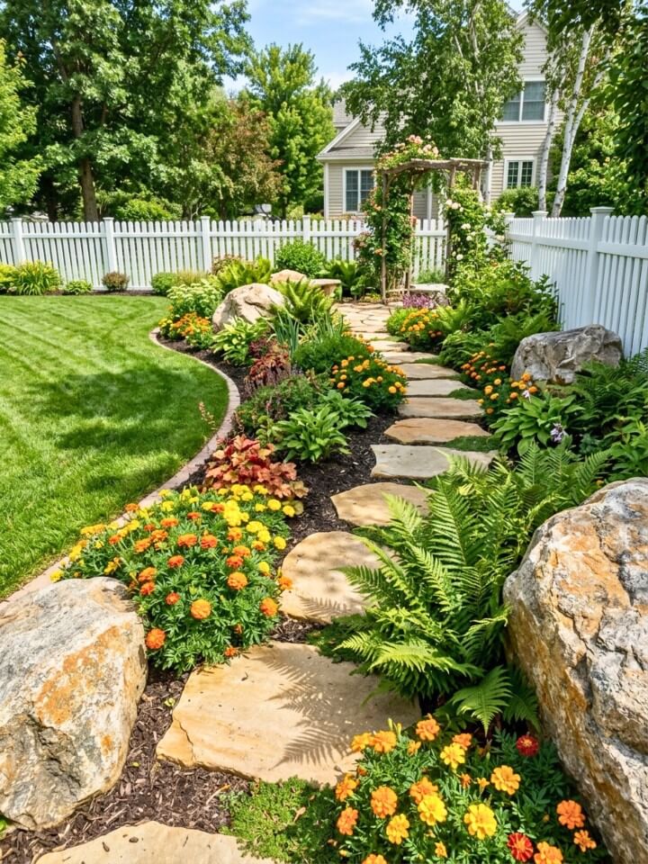 boulder accent stone path in spacious backyards