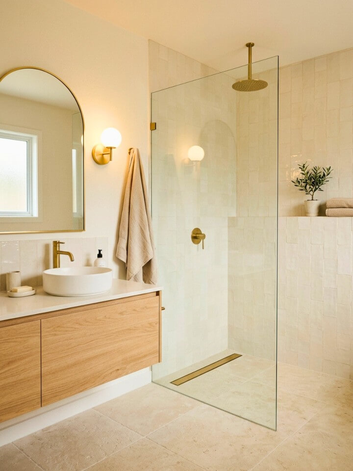 brass fixtures for a warm bathroom shower