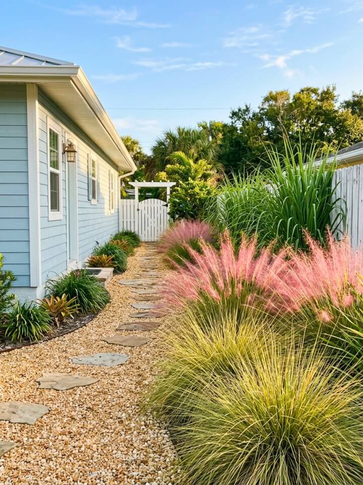 breezy side yard with ornamental grasses