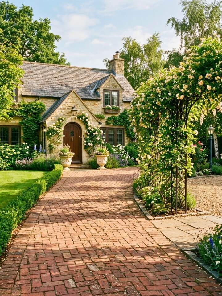 brick pathway flanked by climbing vines