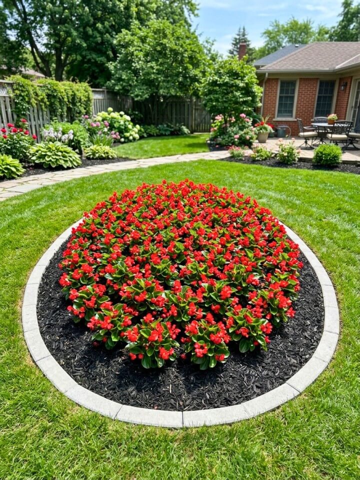bright annual flower bed with black mulch