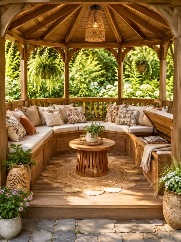 built in corner gazebo benches
