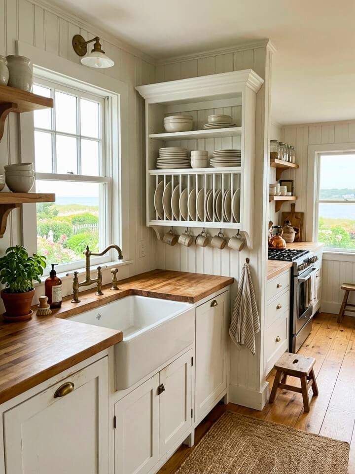 built in plate rack storage with cottage charm