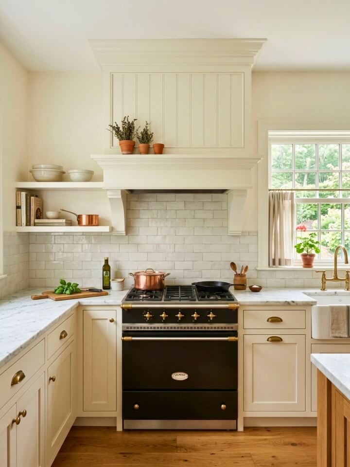 built in range hood with cottage kitchen style