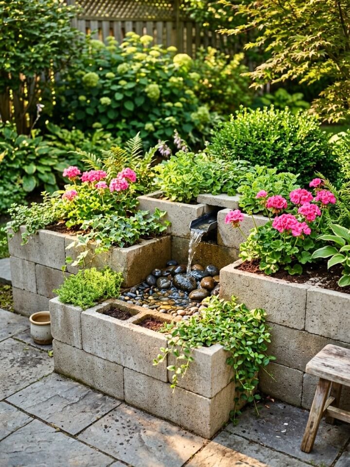 built in water feature with cinder block planter