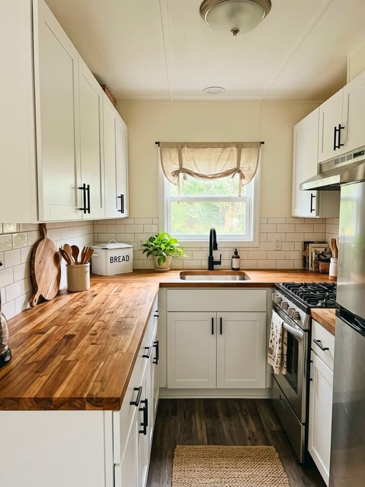 butcher block counters that bring warmth to a small kitchen