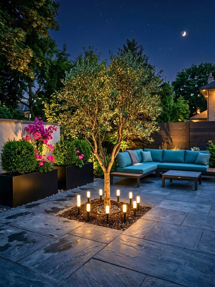 candle style stake lights near trees