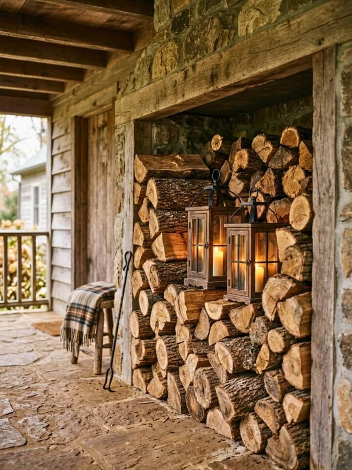 candles in lanterns inside a firewood nook