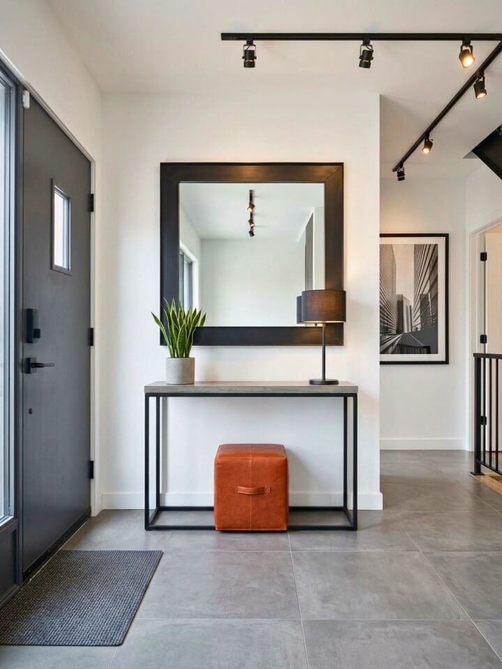 cement look flooring for an urban entry design